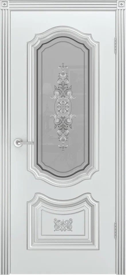 Дверь со стеклом Катания В3 ПО белая эмаль с патиной серебро