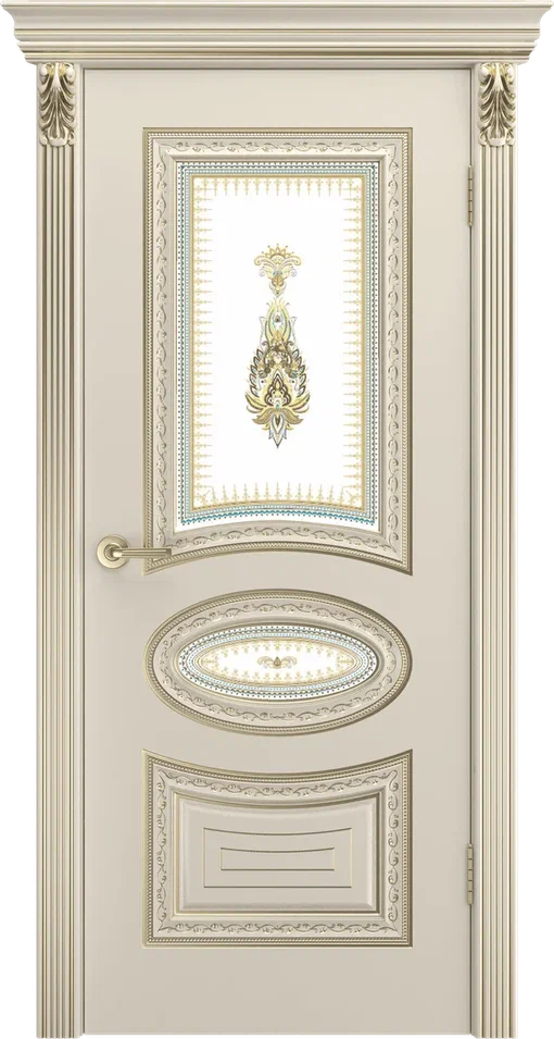 Дверь со стеклом Андрия В2 ПО шампань с патиной белое золото